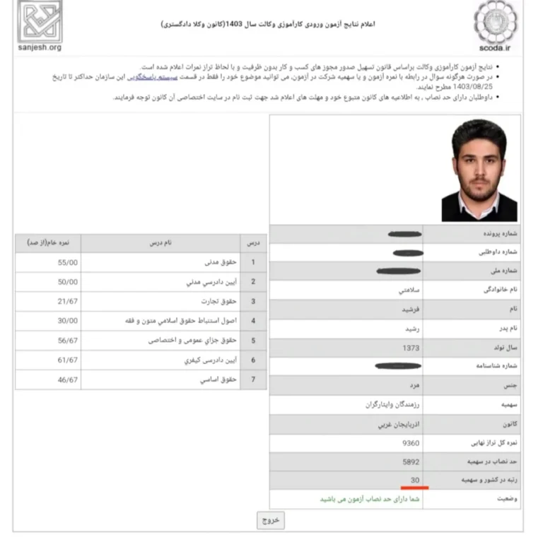 آزمون ورودی وکالت فرشید سلامتی
